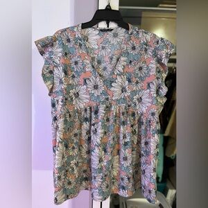 3x floral print butterfly sleeve peplum blouse